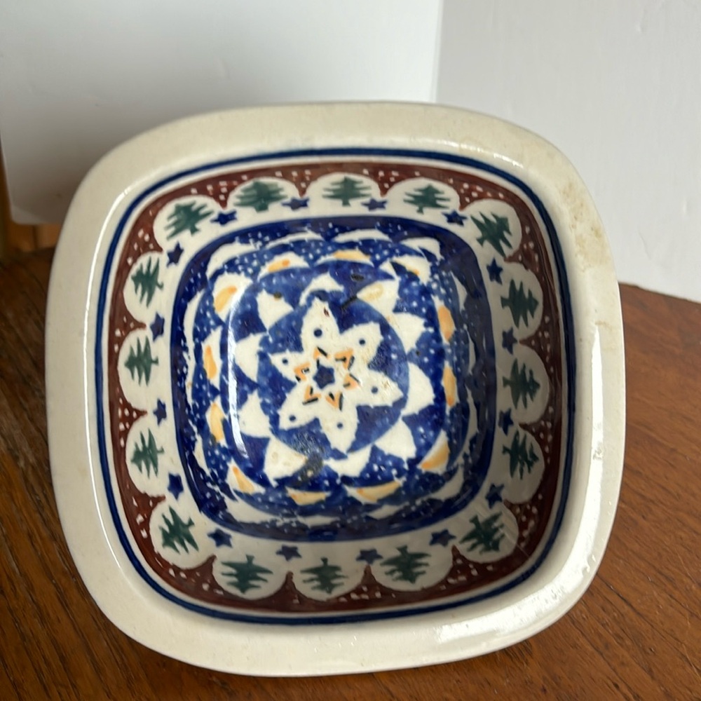 Boleslawiec Polish Pottery Christmas tree/star blue/rust red/ cream square dish